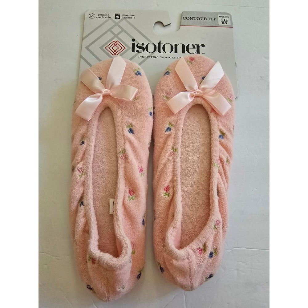 Isotoner Womens Pink Floral Terry Ballet Slippers Suede Sole Medium  8-9